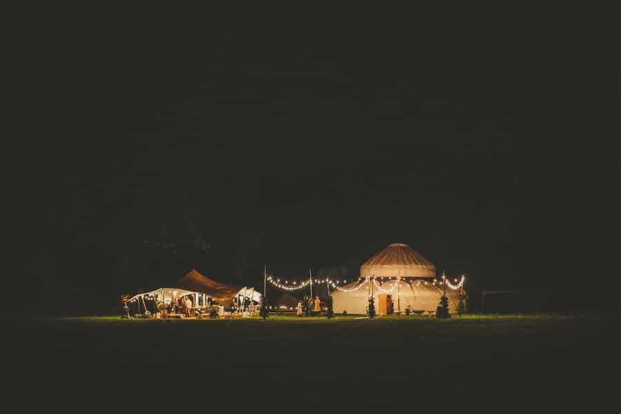 The wedding yurt on the school grounds at midnight