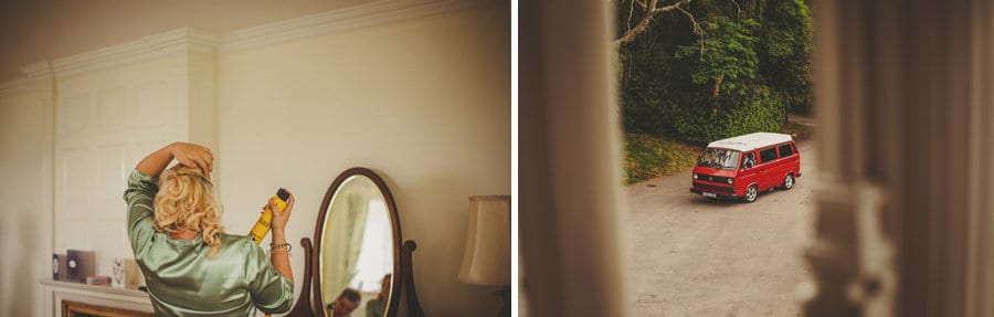 A bridesmaid sprays hairspray on her hair and the grooms wedding van arrives at Barley Wood house in Bristol