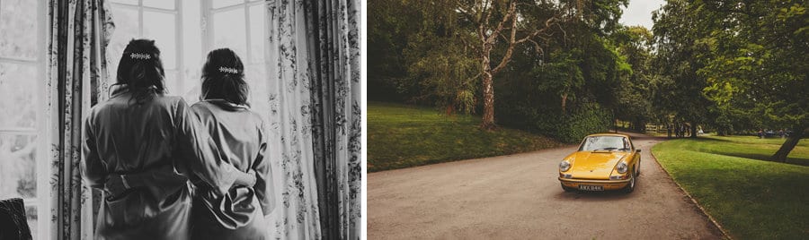 The vintage porsche drives to the front of Barley Wood house as the bridesmaids look through the window
