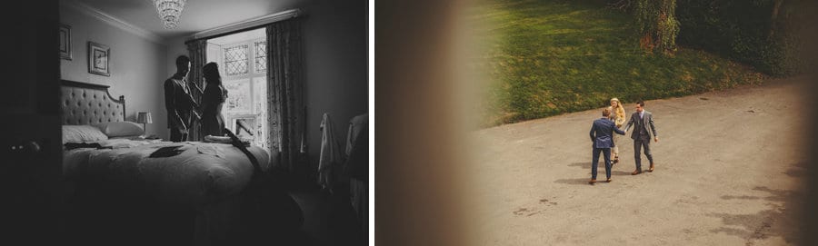 Wedding guests getting ready and the groom welcomes guests to the house
