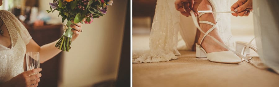 Tying the straps of the brides shoes