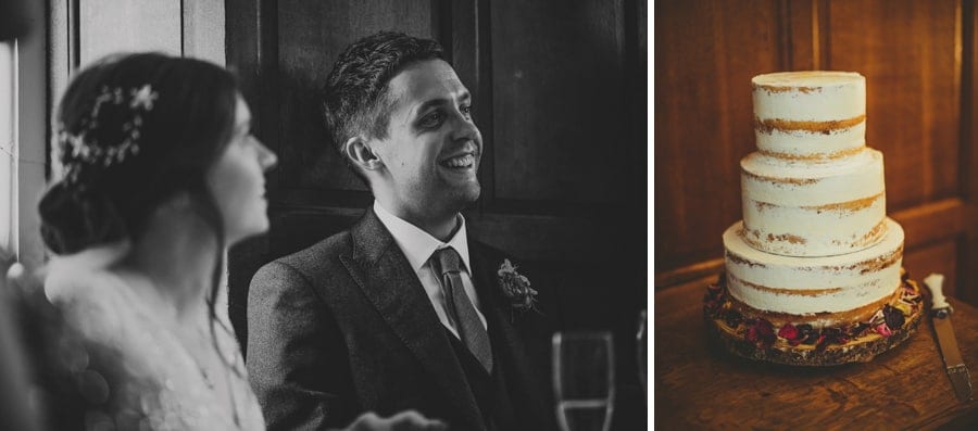 The bride and groom listening to the speeches and the wedding cake