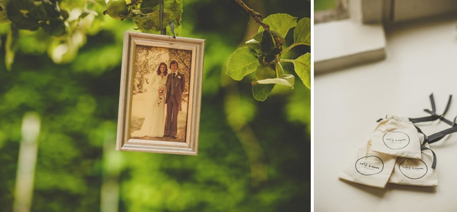 A photograph of the brides parents hangs from a tree at Abbey House Gardens