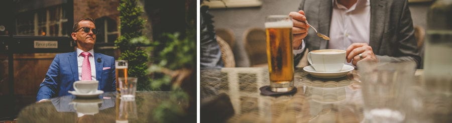 The best man sits with a coffee