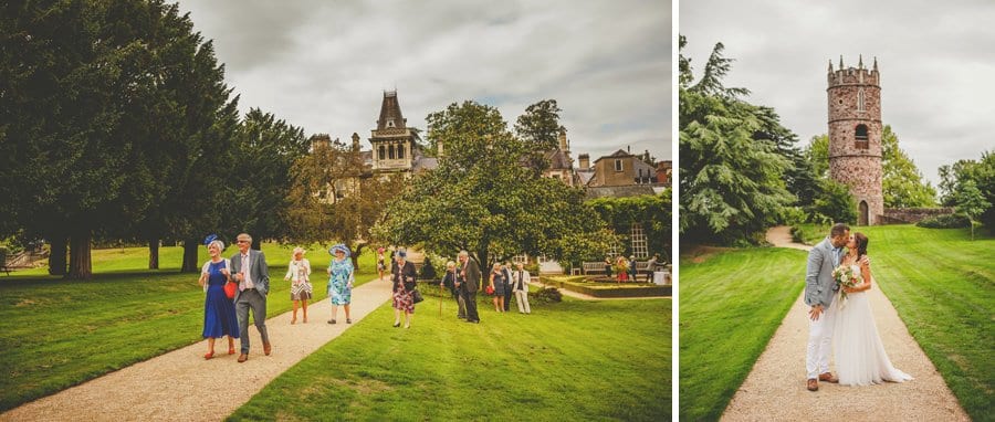 Wedding guests walking around the gardens of the wedding venue in Clifton