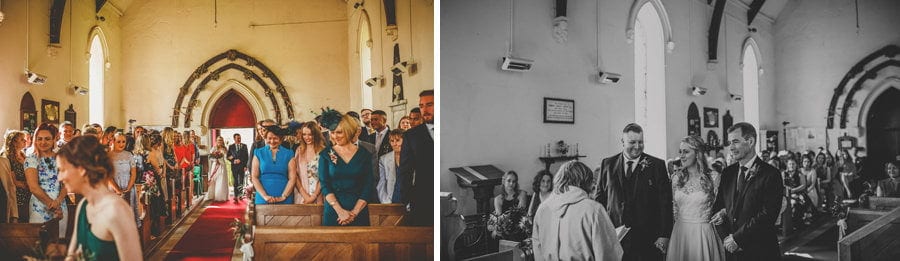 The bride and her father enter the Church and walk down the aisle together
