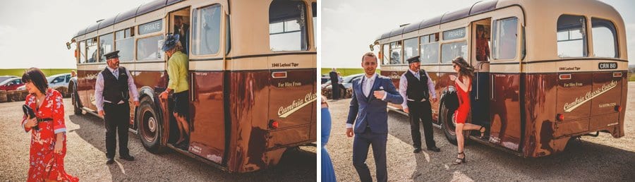 The wedding bus arrives at Eden Barn and guests walk off the bus