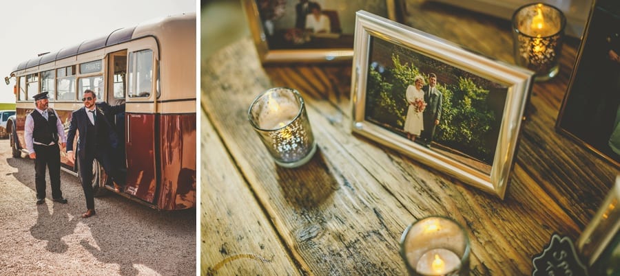 A wedding guest walks off the bus and a framed picture of the groom's family is displayed on a wooden table