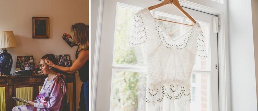 The wedding dress hangs from a window ledge