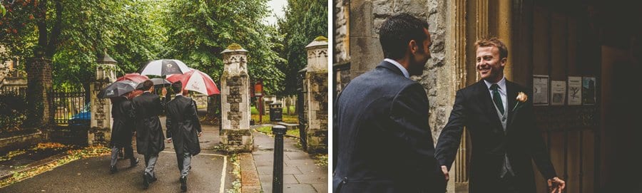 An usher greets wedding guests at the Church