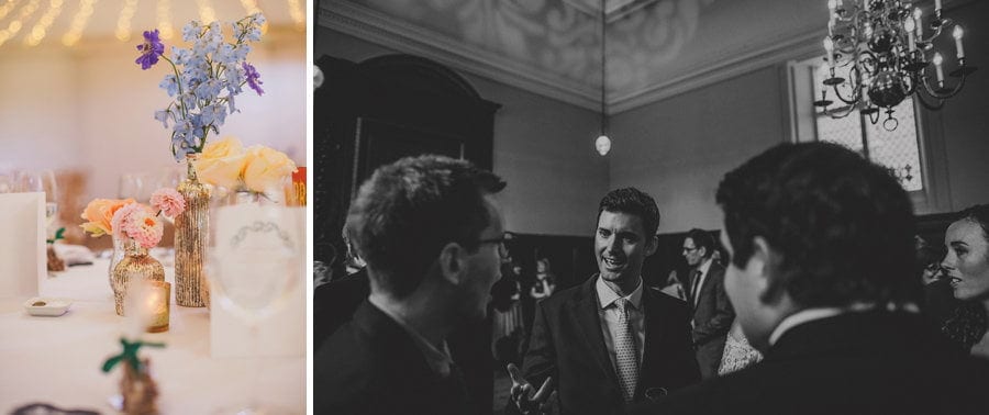 A wedding guest talks with friends at Fulham Palace