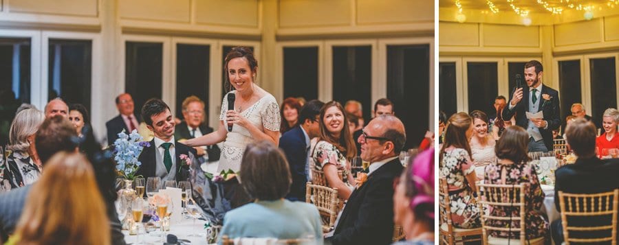 The bride stands up and speaks to her wedding guests