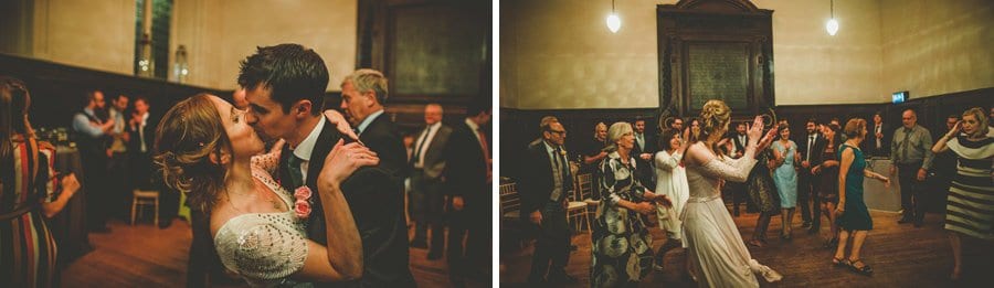 The bride and groom kiss each other on the dancefloor at Fulham Palace