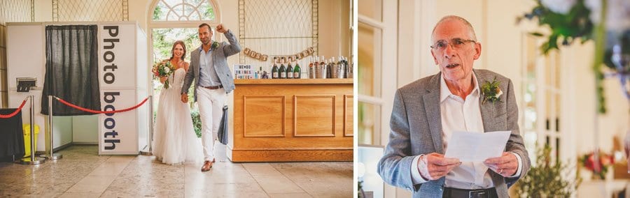 The bride and groom enter the building and the brides father delivers his speech