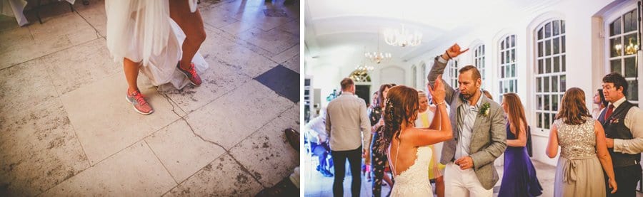 The bride starts to dance with her new wedding shoes