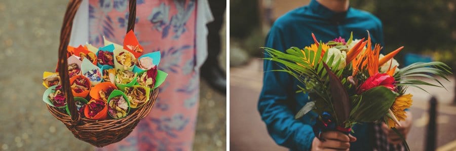 Confetti in paper cups is carried in a whicker basket by one of the wedding guests