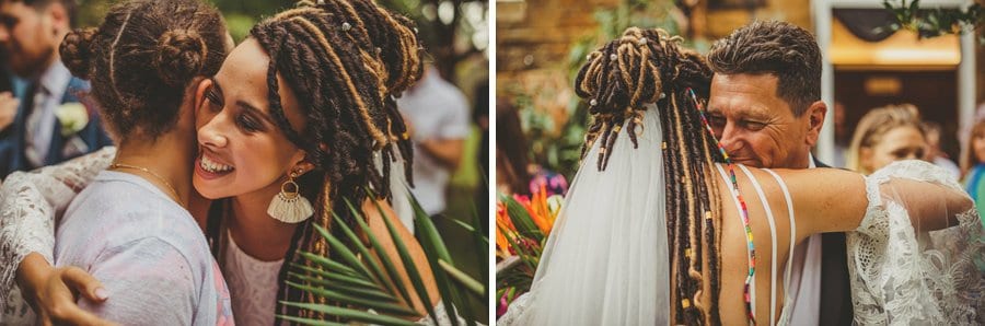 The bride is congratulated by friends and family
