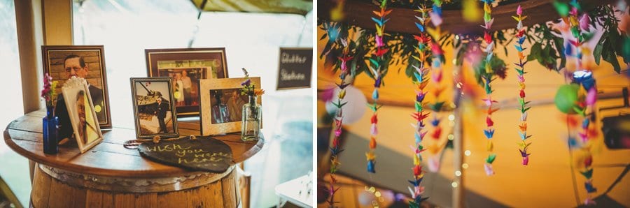 Framed photographs sit on a beer keg in the tipi at Hadsham Farm