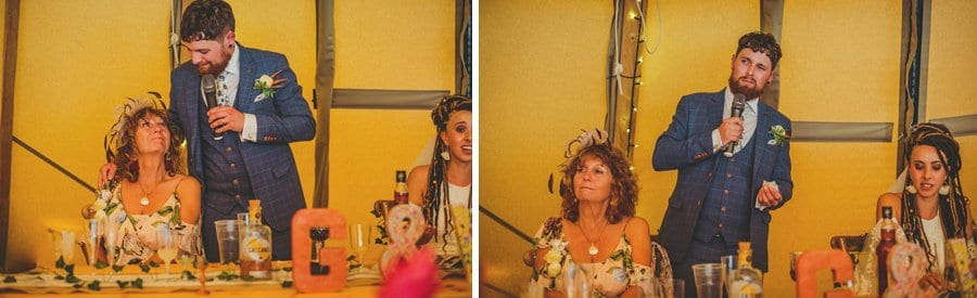 The groom delivering his speech to the wedding party in the tipi