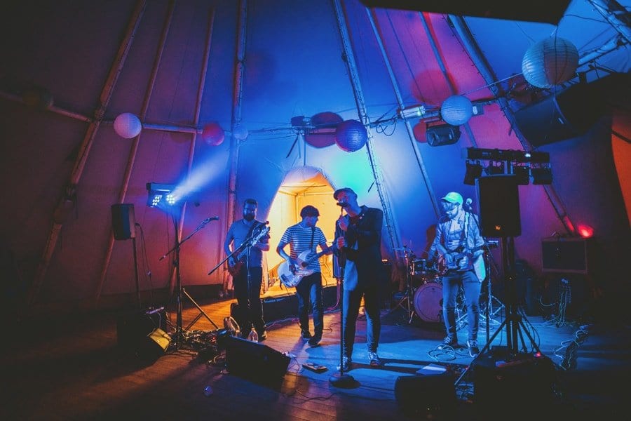 The wedding band in the tipi at Hadsham Farm