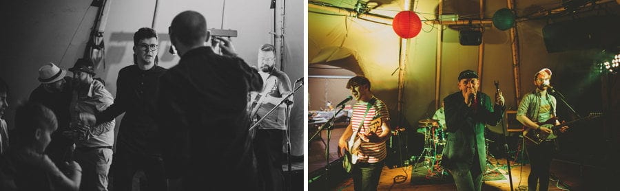 The wedding band perform a song as wedding guests dance in the tipi at Hadsham Farm