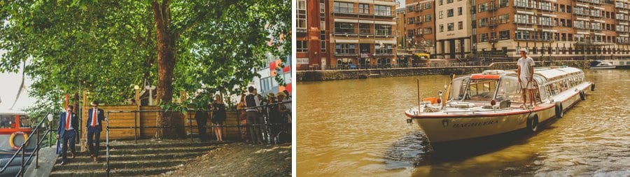 The wedding boat arrives at the docks in Bristol