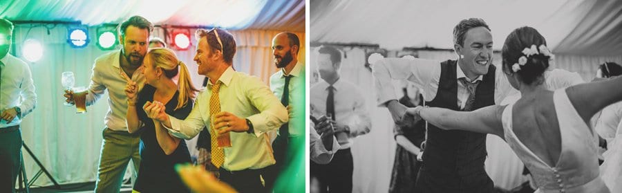 Wedding guests and the bride and groom dancing together