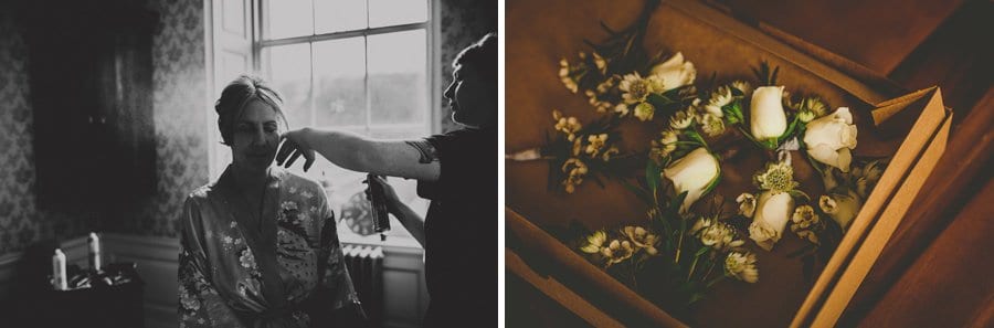 The hairdresser sprays hairspray onto the hair of the brides mother