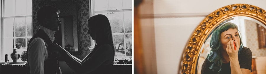 A bridesmaid places a tie around the neck of a wedding guest