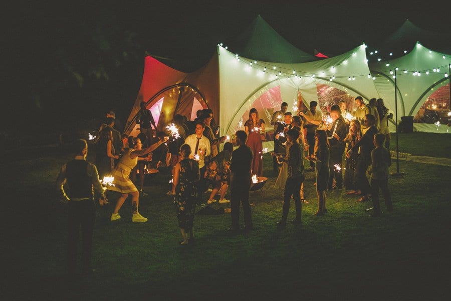Little Quarme wedding photographer 0061 | somerset-wedding-photographer Wedding guests all light sparklers outside the marquee at Little Quarme Cottages