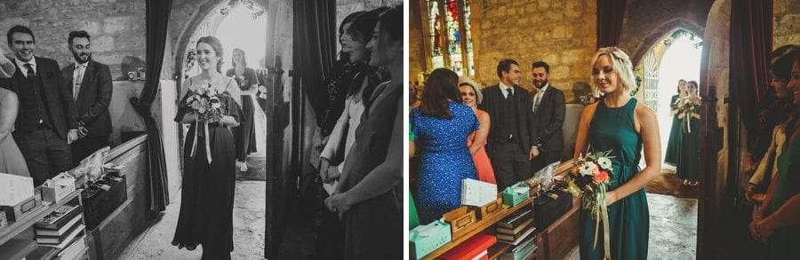 The bridesmaids walk into the Church