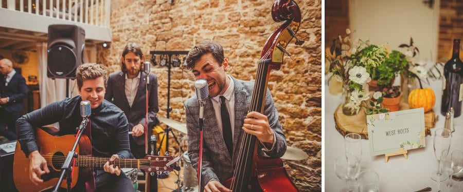 The wedding band perform a song in the barn