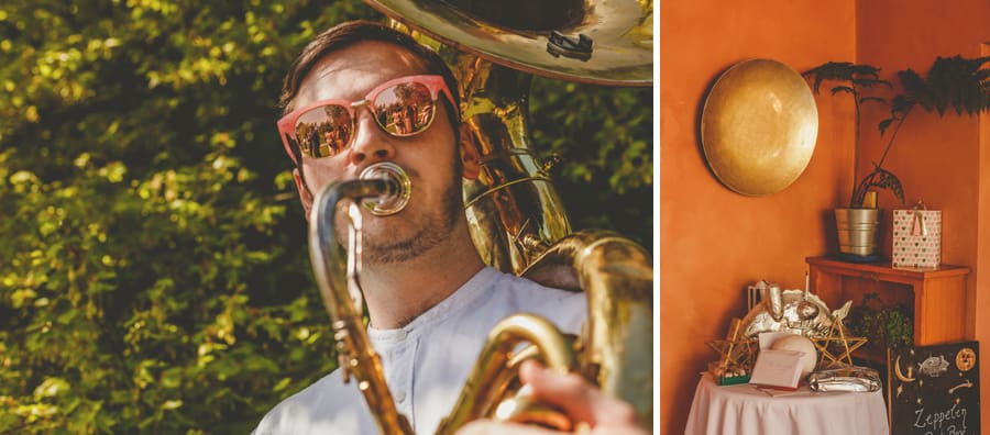 A member of the wedding band plays an instrument