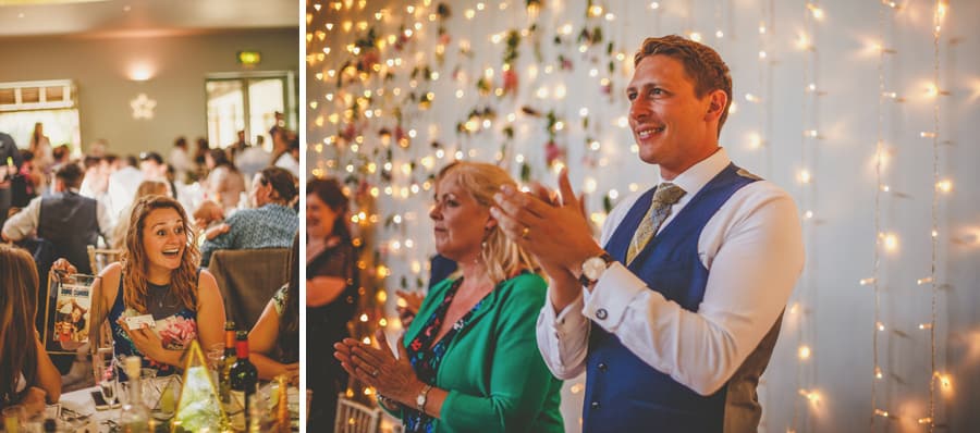 The wedding party congratulate the bride and groom