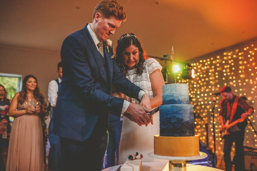 The bride and groom cut their wedding cake