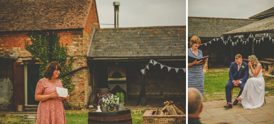 A bridesmaid reads a poem and the bride and groom laugh during the wedding ceremony