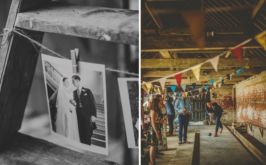 Wedding guests roll a ball down an alley at Over Barn