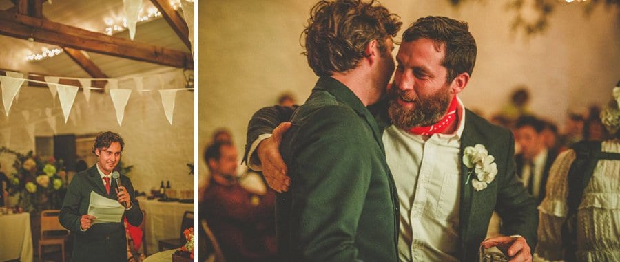 The groom and best man congratulate each other after their speeches at Silk Mill Studios in Frome