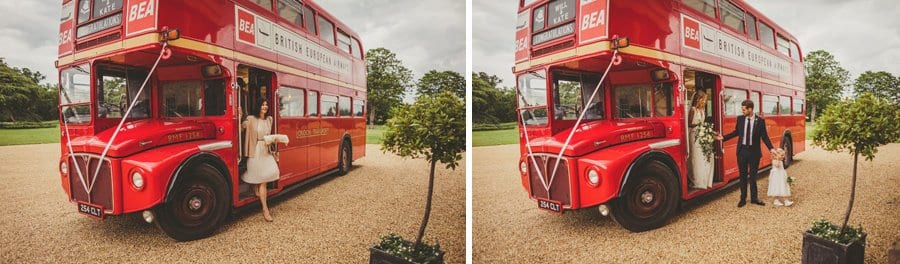 The bride and groom leave the wedding bus