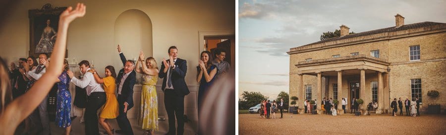 Wedding guests on the dancefloor and gathering outside the main entrance at Stubton Hall