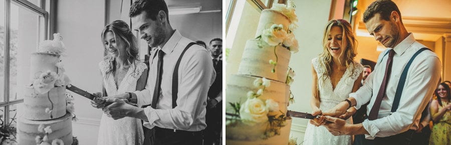 The bride and groom cut the cake together at Stubton Hall