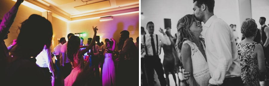 The groom kisses the bride on the forehead on the dancefloor at Stubton Hall