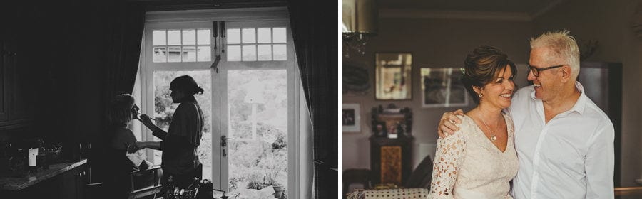 The bride's parents share a joke with each other