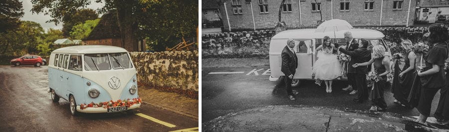 The bride and her bridesmaids leaving the wedding car