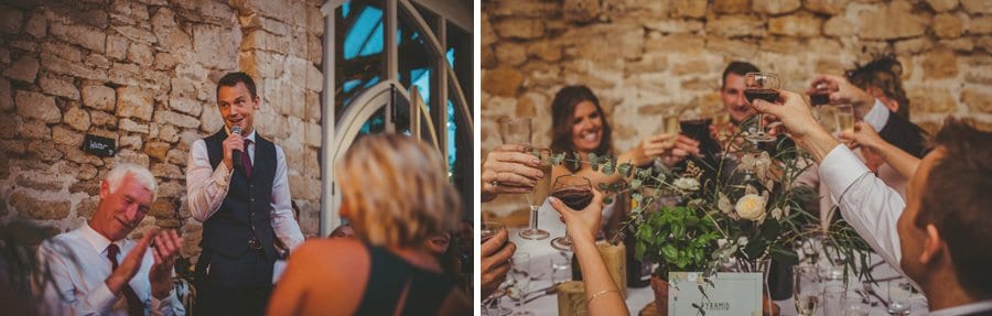 The best man congratulates the bride and groom and wedding guests make a toast