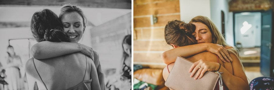 Bridesmaids put their arms around the bride in the cottage at Yurt retreat