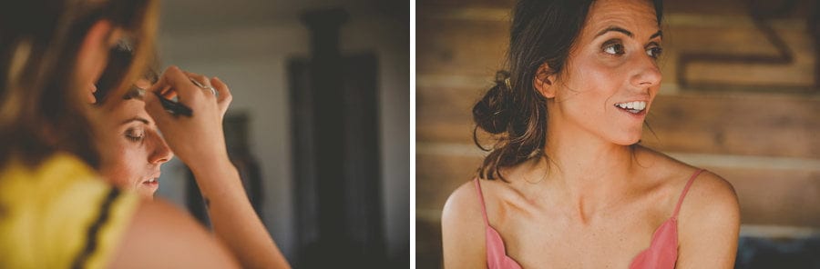 The bride talks to a friend in the cottage at Yurt retreat