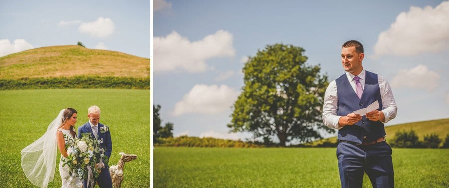 The bride and groom greet each other for the outdoor wedding ceremony at yurt retreat