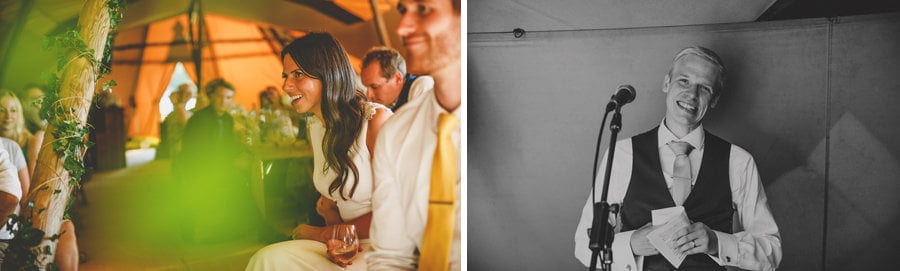 The groom stands up and delivers his speech to the wedding guests in the tipi