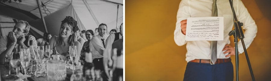 A wedding guest laughs at the grooms wedding speech in the tipi